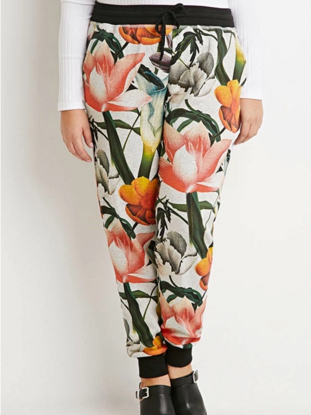Forever 21 Floral Print Small Jogger Pants - Grey, Coral, & Green